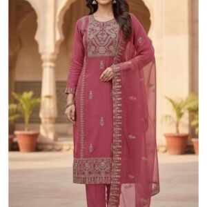 Matte Cotton Suit Set with Organza Dupatta – Peach